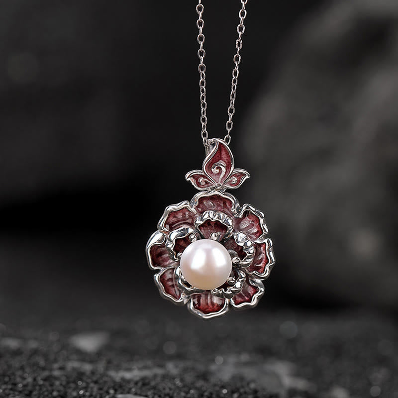 Collier de perles en argent sterling 999 avec pendentif en forme de fleur de pivoine pour la guérison