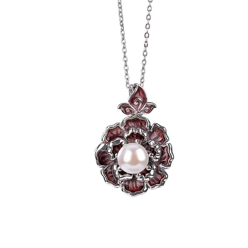 Collier de perles en argent sterling 999 avec pendentif en forme de fleur de pivoine pour la guérison
