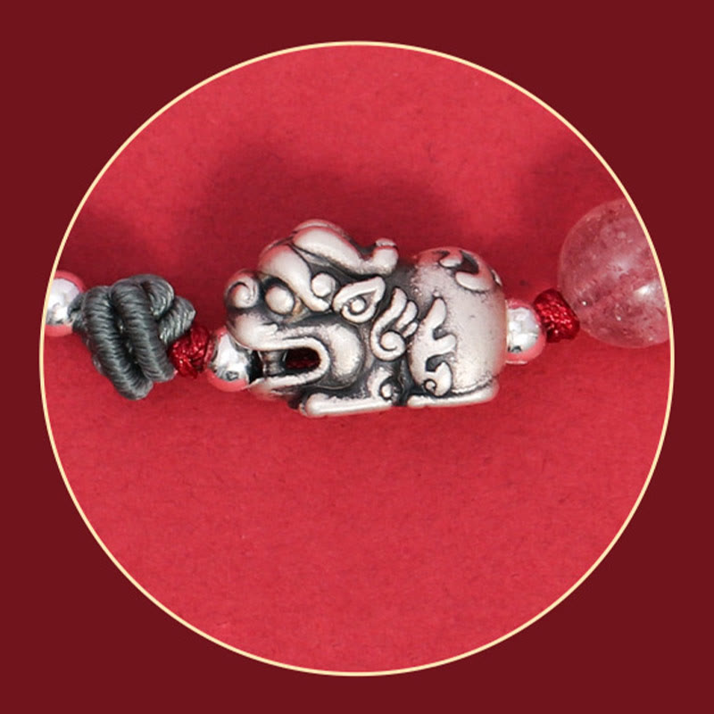 Bracelet en argent sterling 999 PiXiu et quartz rose fraise pour la richesse