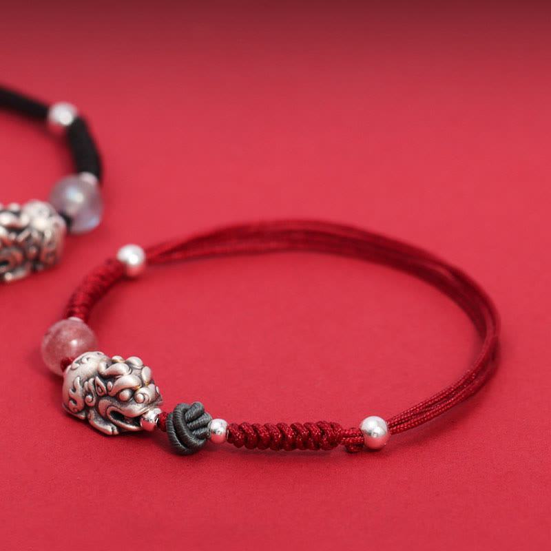 Bracelet en argent sterling 999 PiXiu et quartz rose fraise pour la richesse