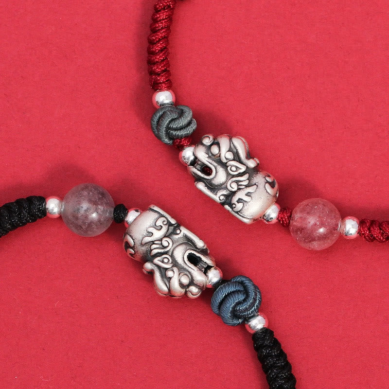 Bracelet en argent sterling 999 PiXiu et quartz rose fraise pour la richesse