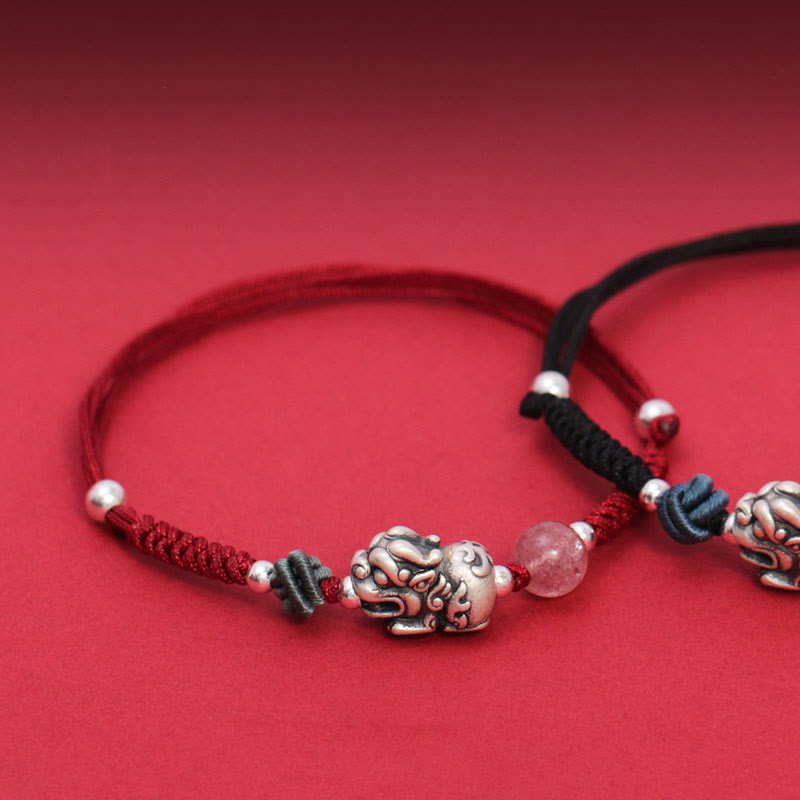 Bracelet en argent sterling 999 PiXiu et quartz rose fraise pour la richesse