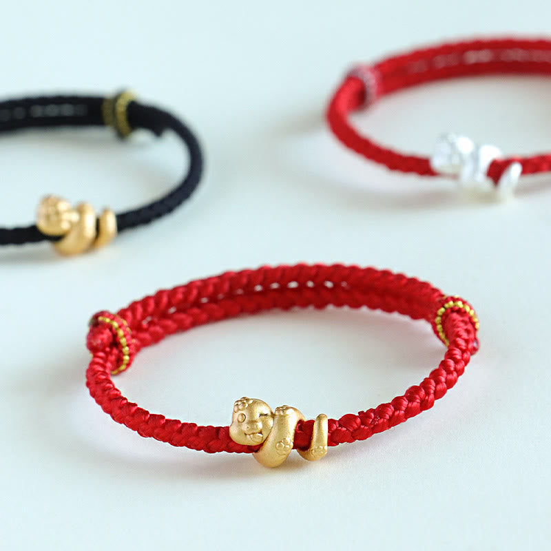 Bracelet porte-bonheur serpent en argent sterling 999 avec fil rouge