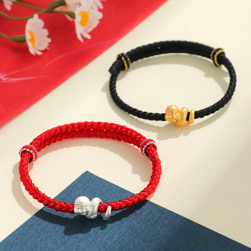 Bracelet porte-bonheur serpent en argent sterling 999 avec fil rouge