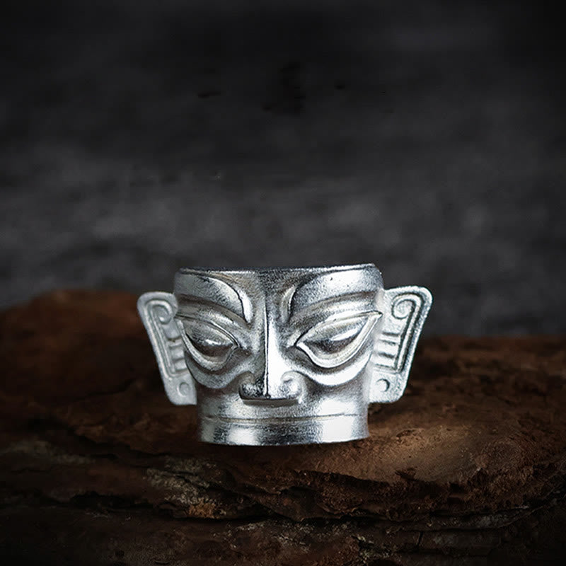 Bague masque Sanxingdui en argent sterling 999