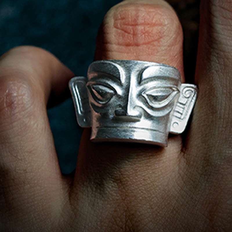 Bague masque Sanxingdui en argent sterling 999