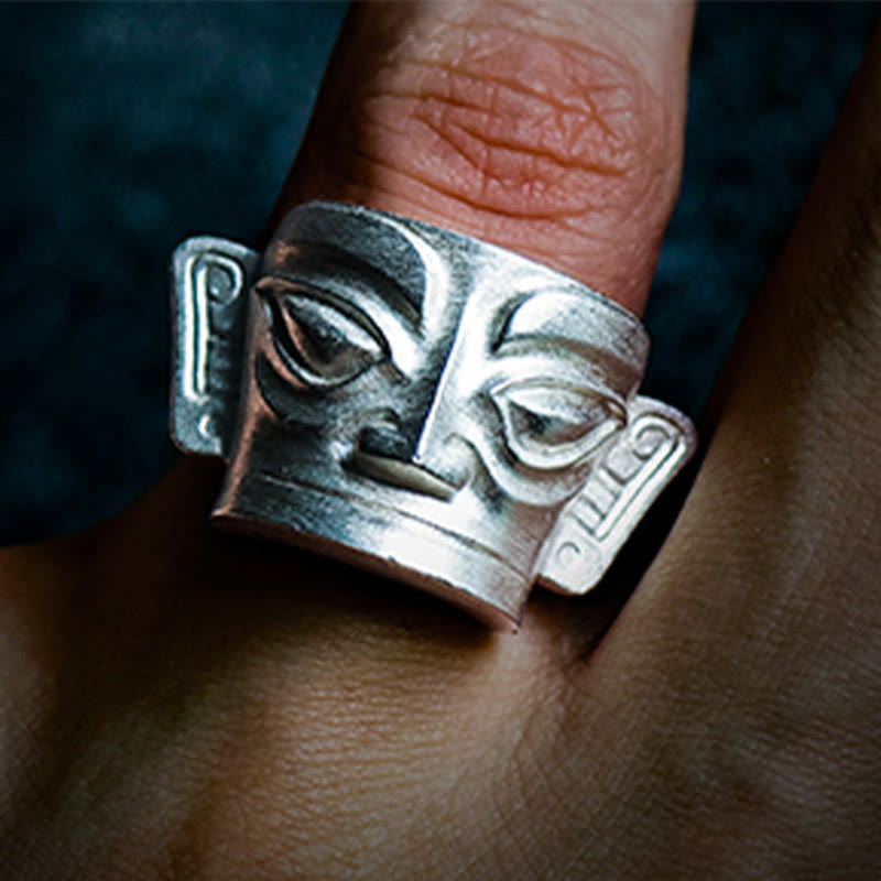 Bague masque Sanxingdui en argent sterling 999