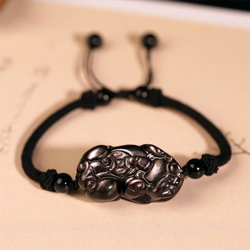 Pixiu Protection Bracelet with Obsidian, Amethyst & Citrine Stones