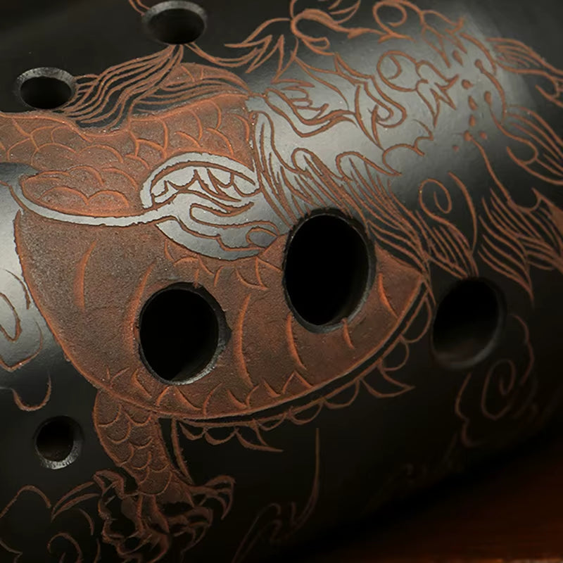 10 Holes Double Chamber Xun Vintage Dragon Phoenix Xun Black Ceramic Double Ocarina Flute Professional Musical Instruments Gifts