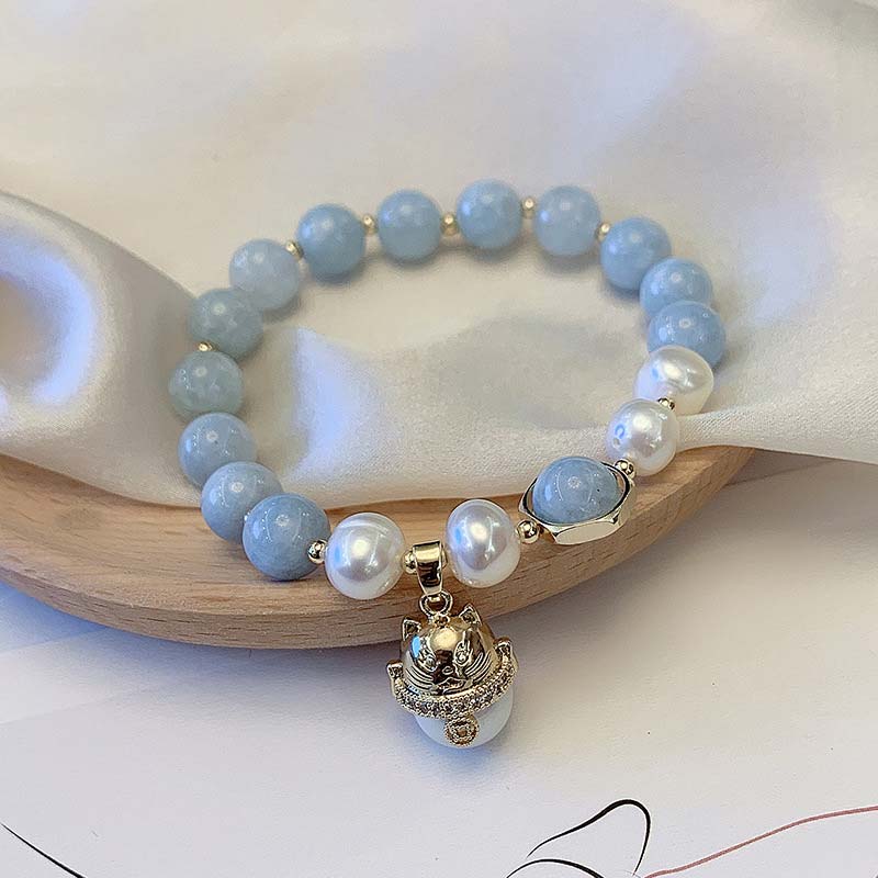 8mm Aquamarine Pearl Peace Healing Charm Bracelet