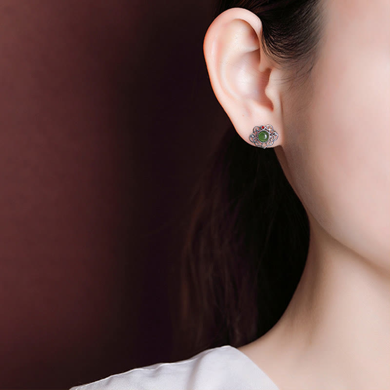Sterling Silver Hetian Cyan Jade Luck Ring & Earrings Set