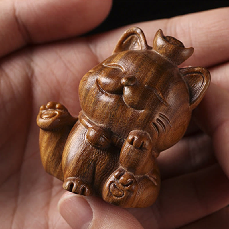 5cm Green Sandalwood Lucky Cat Statue for Peace & Prosperity
