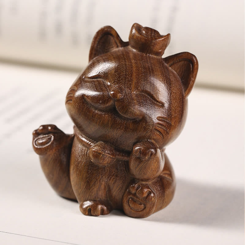 5cm Green Sandalwood Lucky Cat Statue for Peace & Prosperity