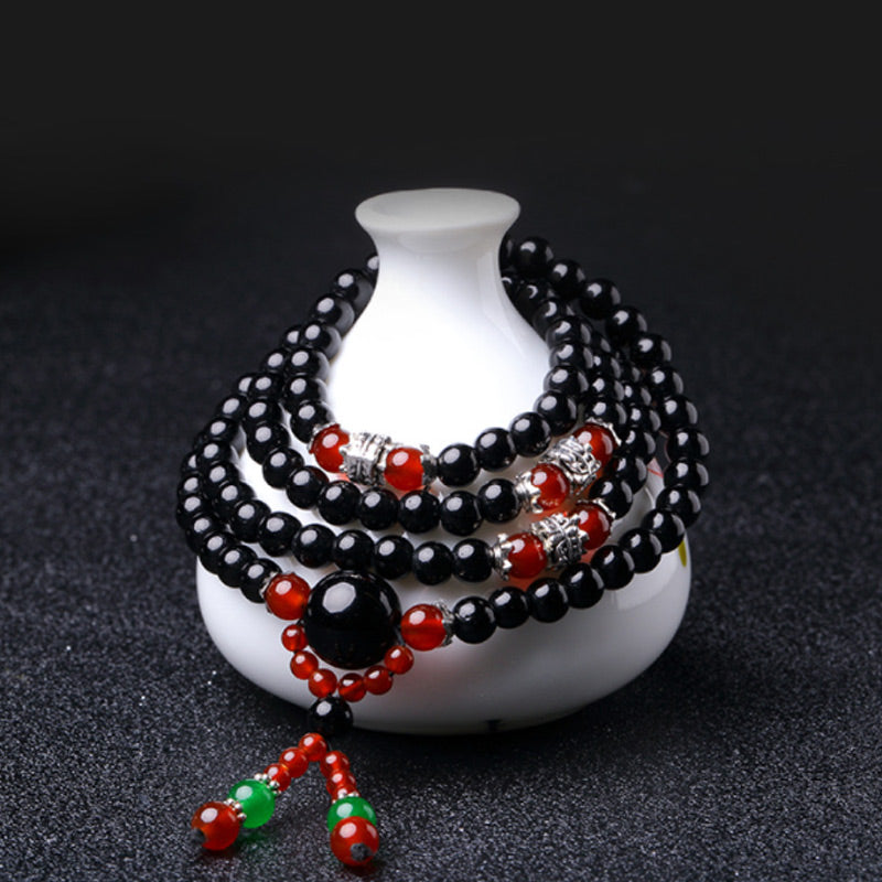 6mm Black Obsidian & Tiger Eye Mala Bracelet for Protection