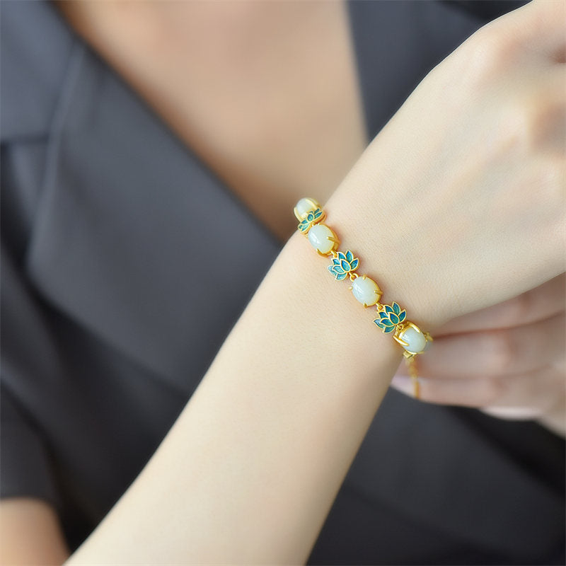 White Jade Cyan Jade Protection Bracelet Lotus Symbol