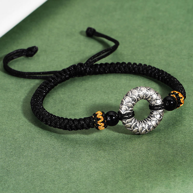 Bracelet dragon en onyx noir de 9 cm avec boucle de paix en argent sterling 999