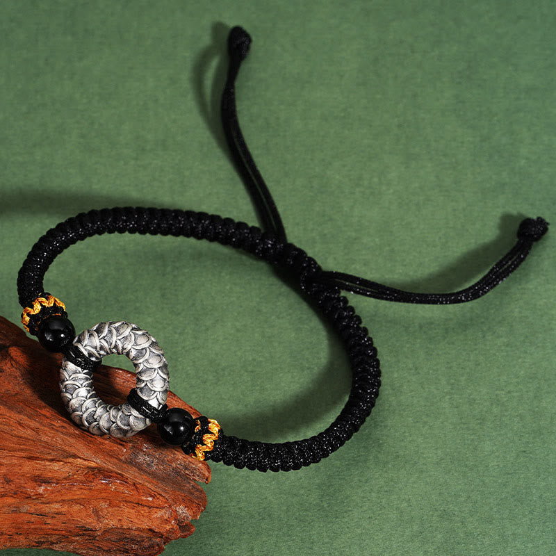 Bracelet dragon en onyx noir de 9 cm avec boucle de paix en argent sterling 999