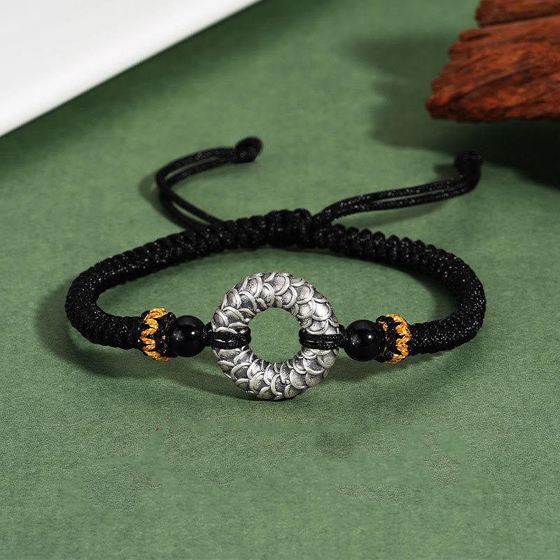 Bracelet dragon en onyx noir de 9 cm avec boucle de paix en argent sterling 999