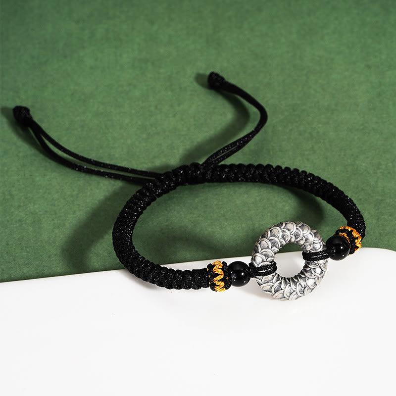 Bracelet dragon en onyx noir de 9 cm avec boucle de paix en argent sterling 999