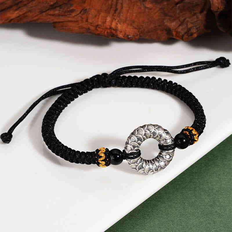 Bracelet dragon en onyx noir de 9 cm avec boucle de paix en argent sterling 999