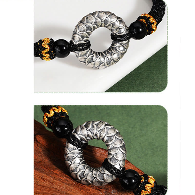 Bracelet dragon en onyx noir de 9 cm avec boucle de paix en argent sterling 999