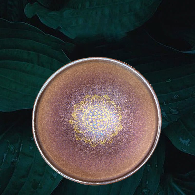 Tasse à thé en céramique Jian Zhan de 9 cm, motif fleur de lotus doré