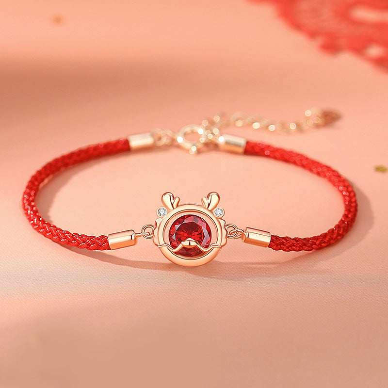 925 Sterling Silver Dragon Necklace with Red Zircon for Luck