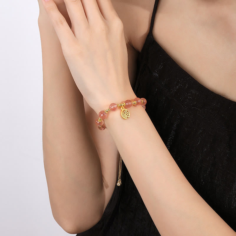 Strawberry Quartz Fu Character Spiritual Bracelet 15-18cm