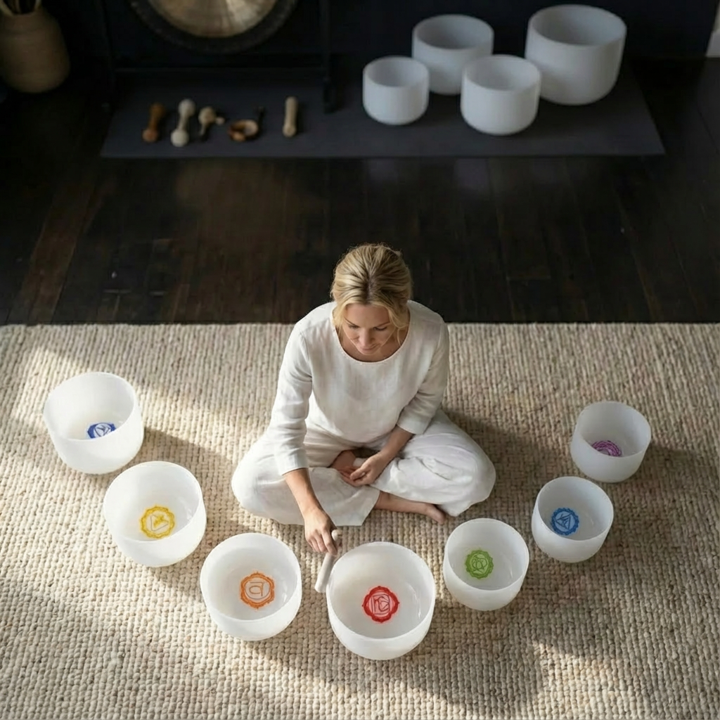 Ensemble de bols chantants en cristal avec symboles de chakra