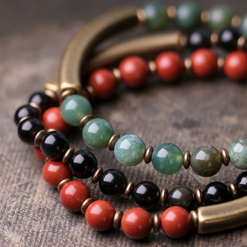Unisex Obsidian Peace Bracelet with Red Jasper & Moss Agate