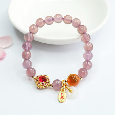 Bracelet porte-bonheur en agate et calcédoine violette de 8 mm