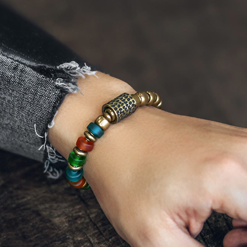 Bracelet spirituel en perles de verre colorées en cuivre de 9 mm pour la richesse