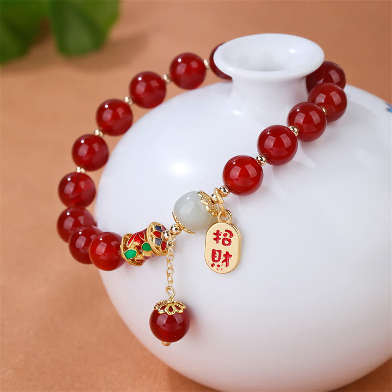 Bracelet à breloques en jade et agate rouge de 9 mm