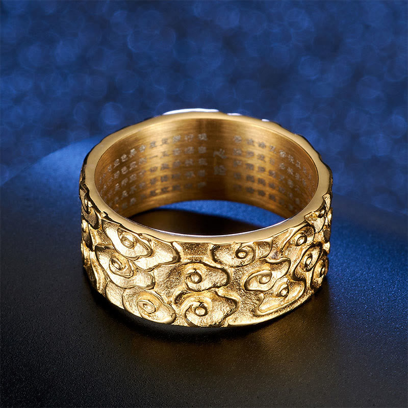 Bague spirituelle en acier titane de 9 mm avec Sutra du cœur et nuages ​​de bon augure