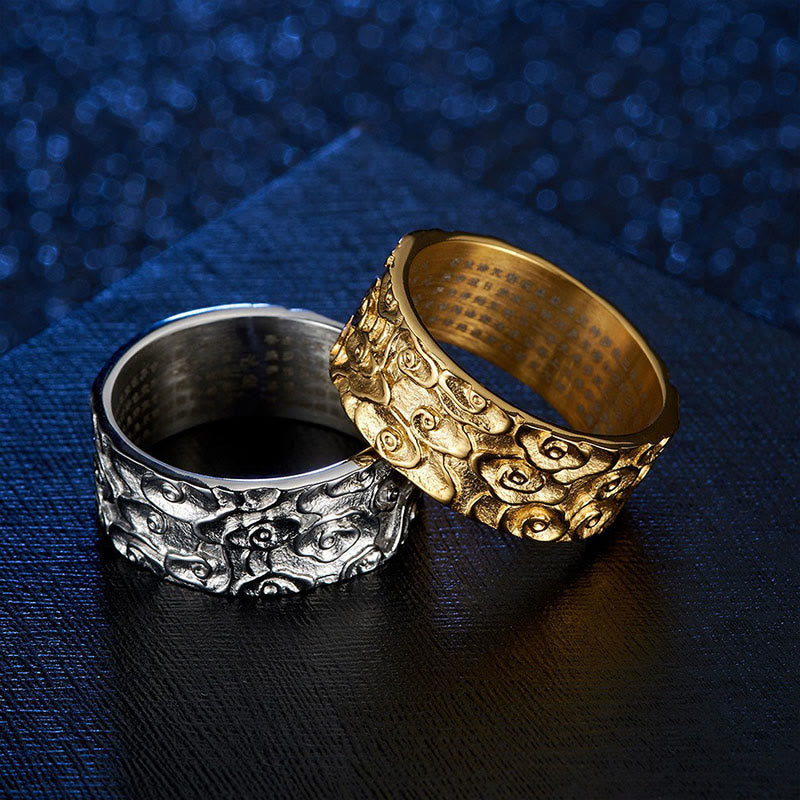 Bague spirituelle en acier titane de 9 mm avec Sutra du cœur et nuages ​​de bon augure
