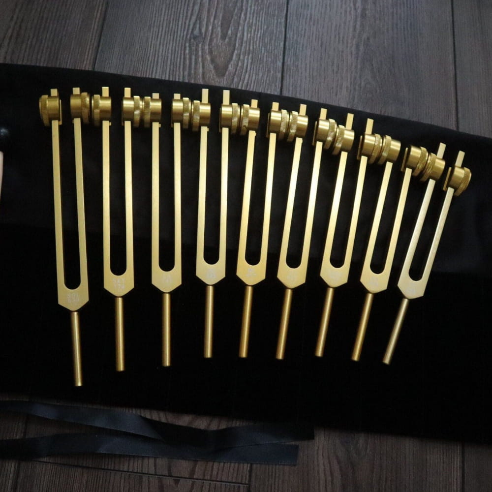 9pc Solfeggio Tuning Fork Set 528Hz Gold Bag & Striker - On sale