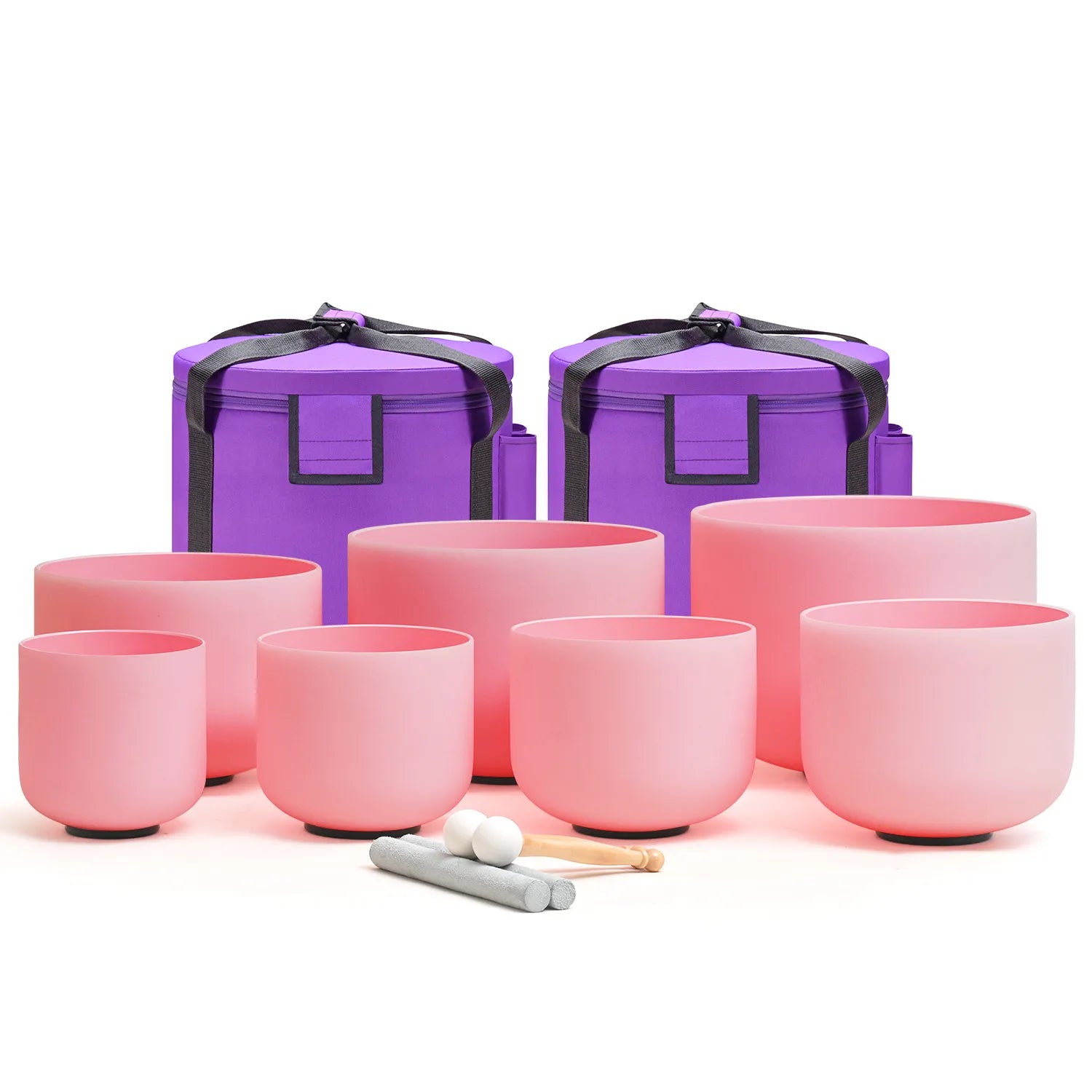 Pink Frosted Crystal Singing Bowl Set with purple cases and mallets displayed together