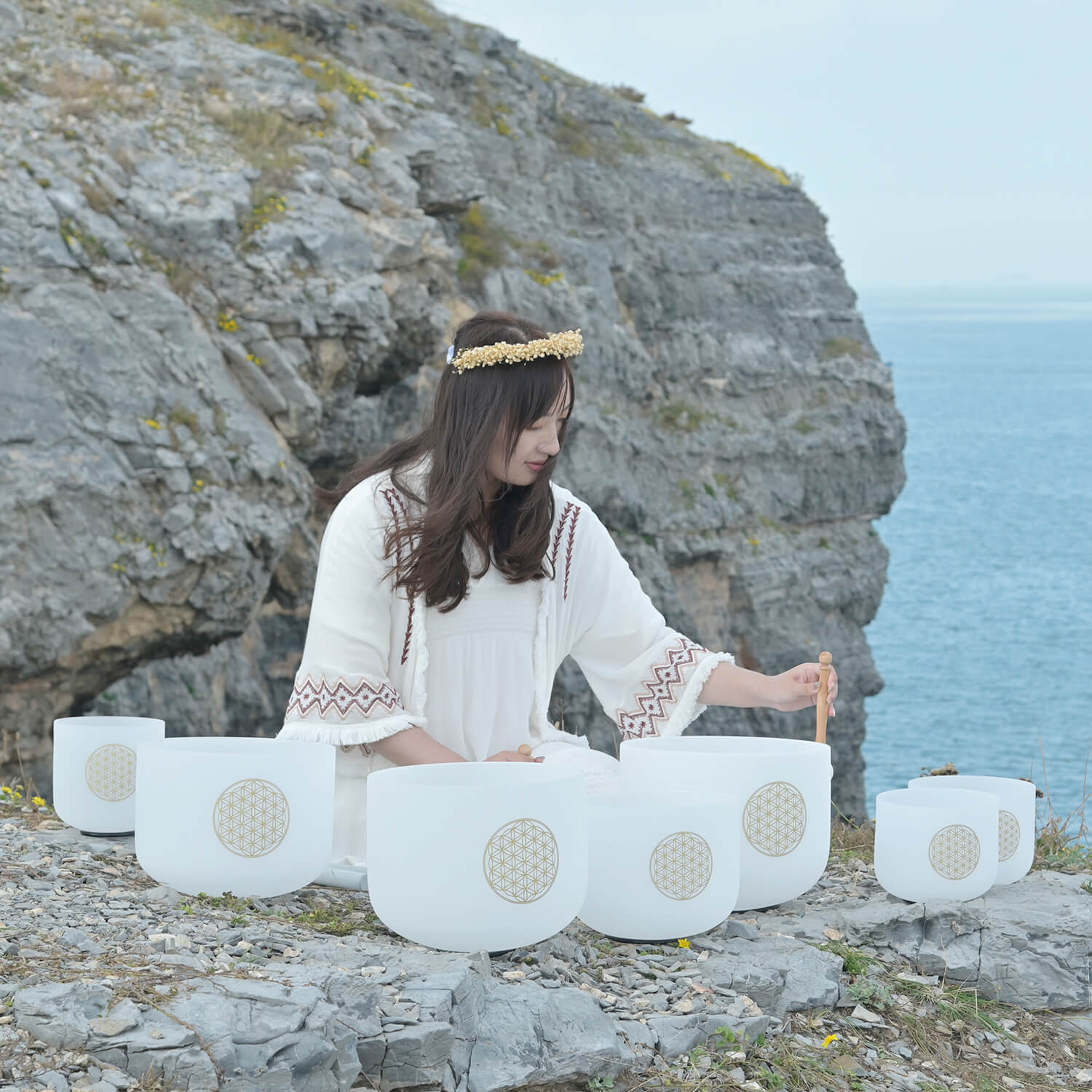 Ensemble de bols chantants en cristal de quartz Fleur de vie pour une méditation profonde