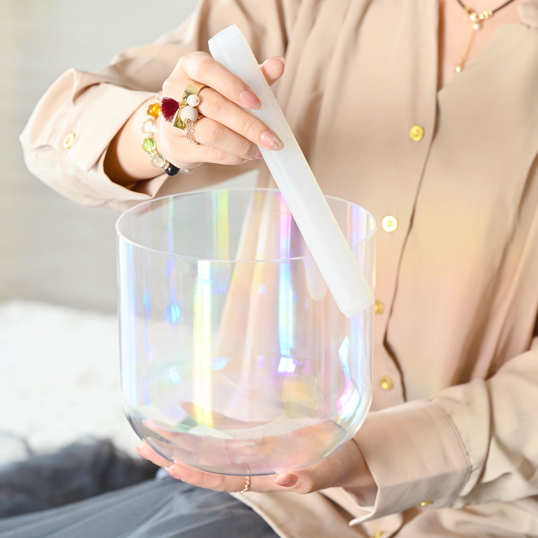 Bol chantant en cristal de quartz arc-en-ciel transparent pour la guérison des chakras