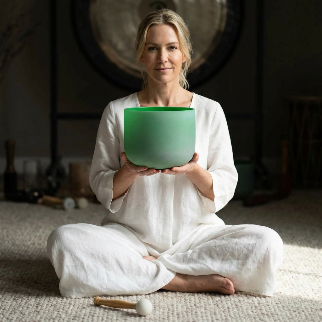 Bol chantant en cristal du chakra du cœur, note F verte