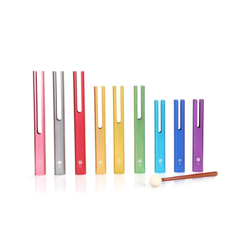 Complete set of tubular bells with mallet for music therapy.