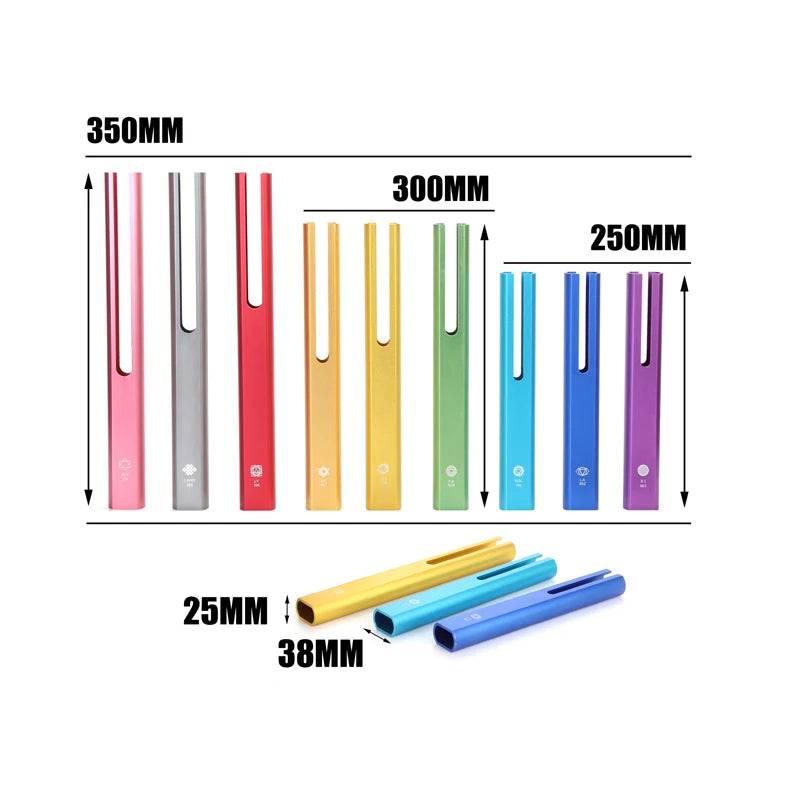 Tubular bells size chart showing lengths and colors.