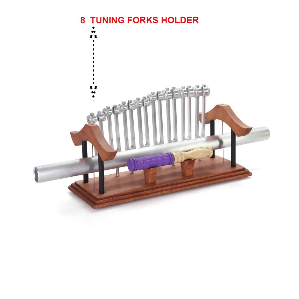 Sound healing device with eight tuning forks holder on a wooden base.
