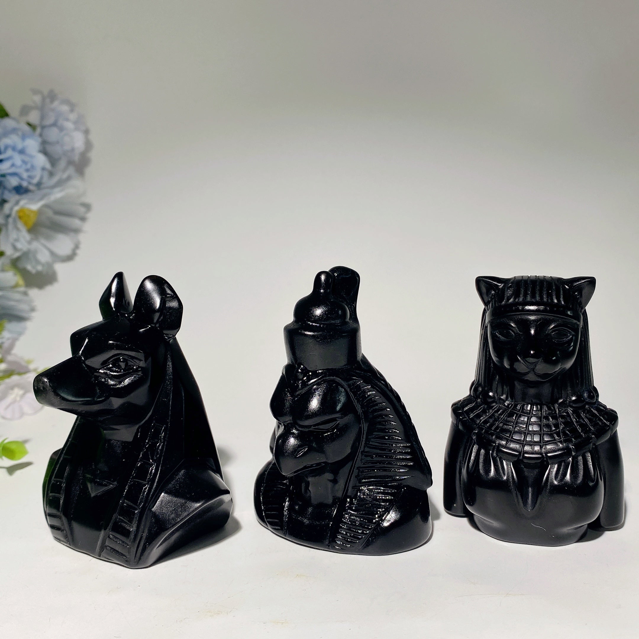 Polished Black Obsidian Egyptian Carvings Figurines 3-4.7 inch