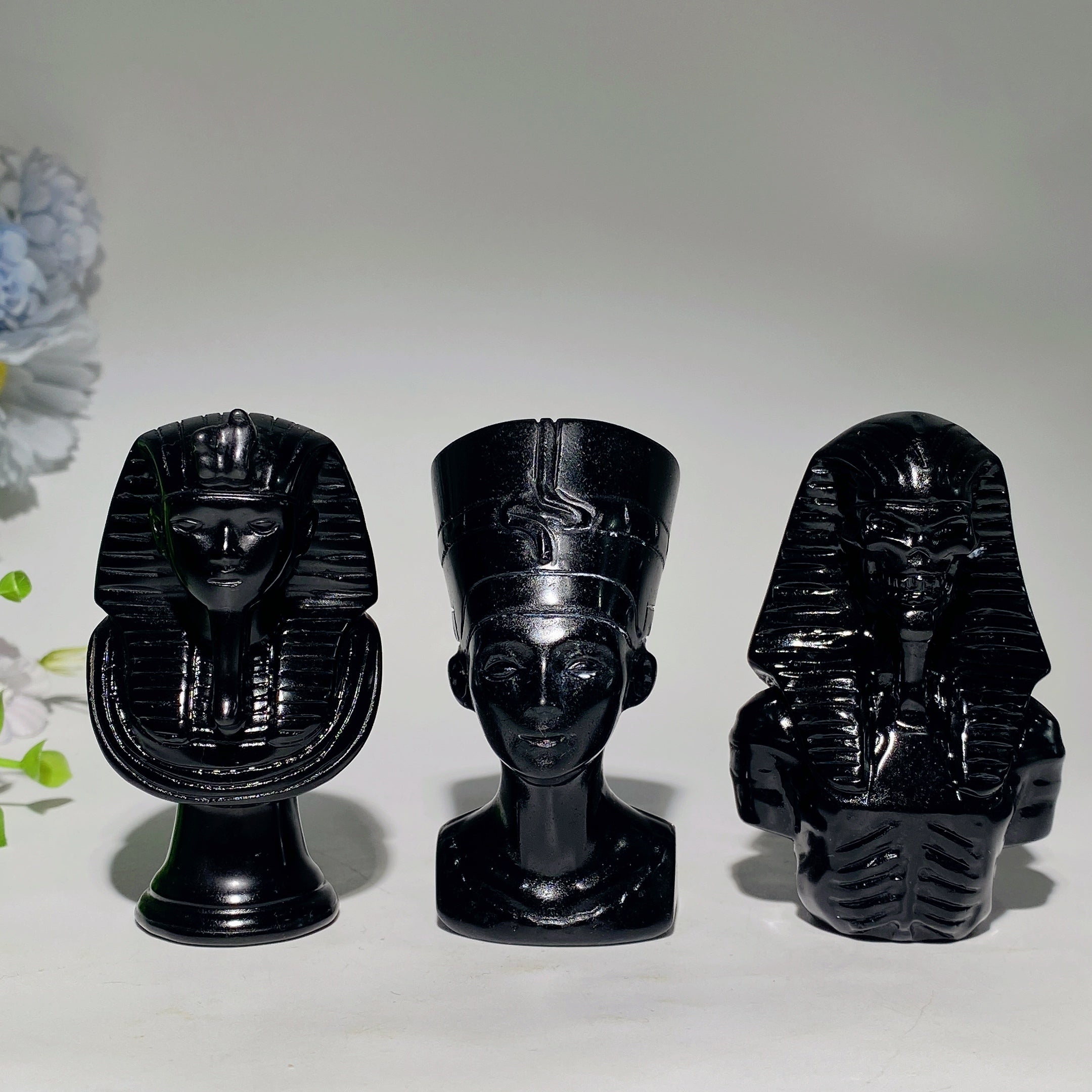 Polished Black Obsidian Egyptian Carvings Figurines 3-4.7 inch
