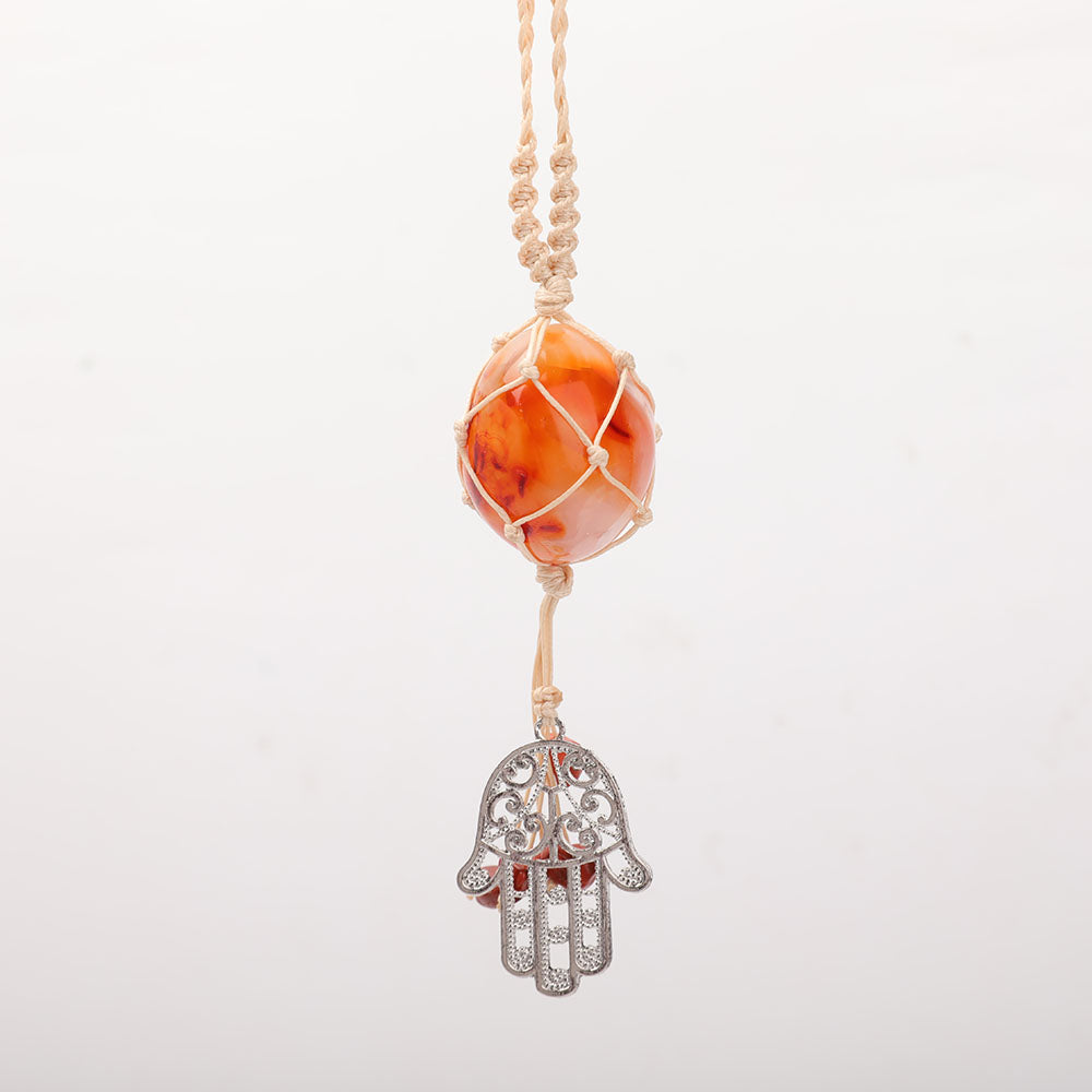 Adjustable Carnelian Hamsa Necklace Wrapped in Straw Rope