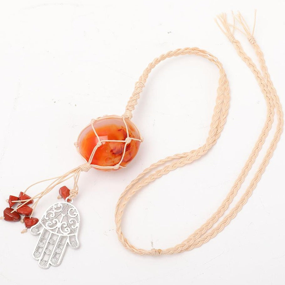 Adjustable Carnelian Hamsa Necklace Wrapped in Straw Rope