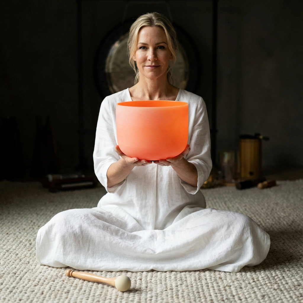 Bol chantant en cristal pour chakra du nombril, note ré orange