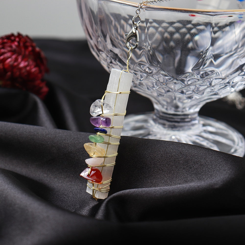 7 Chakra Crystal Pendulum with Selenite & Amethyst