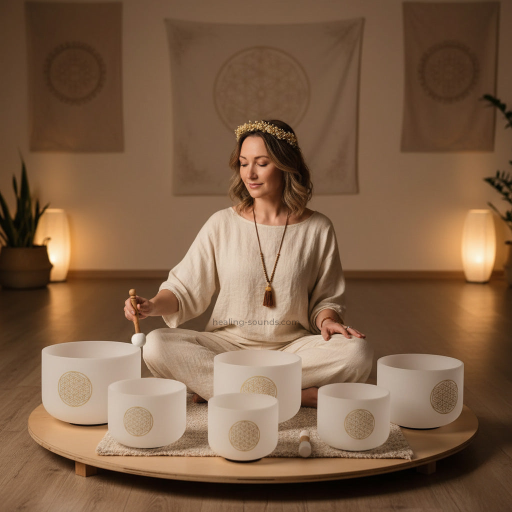 Ensemble de bols chantants en cristal de quartz Fleur de vie pour une méditation profonde